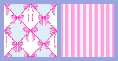 Ribbon Bow Coquette Seamless Pattern Set. Hand-Drawn Feminine Pink and Blue Backgrounds with Soft Stripes and garland of bows. Romantic Design. Perfect for Lovely and Whimsical Valentines Day Backdrop vector