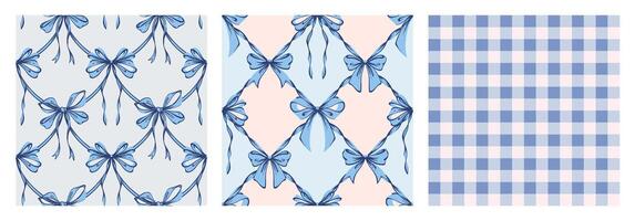 Ribbon Bow Coquette Seamless Pattern Set. Blue Hand-Drawn Feminine Checkered Pattern Backgrounds with garland of bows. Romantic Design. Perfect for a Lovely and Whimsical Valentines Day Backdrop vector