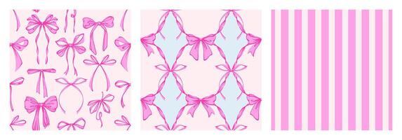 Ribbon Bow Coquette Seamless Pattern Set. Hand-Drawn Feminine Pink Backgrounds with Soft Stripes and garland of bows. Romantic Design. Perfect for a Lovely and Whimsical Valentines Backdrop vector