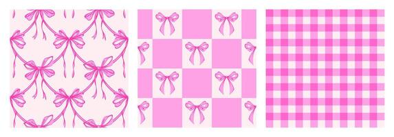 Ribbon Bow Coquette Seamless Pattern Set. Pink Hand-Drawn Feminine Checkered Pattern Backgrounds with garland of bows. Romantic Design. Perfect for a Lovely and Whimsical Valentines Day Backdrop vector