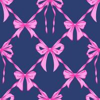 Pink Ribbon Bow Lattice Seamless Pattern on purple. Coquette, Vintage and Romantic checkered pattern on dark blue with bows. Rococo background for feminine projects, vintage wrapping paper, textiles. vector