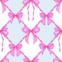 Pink Ribbon Bow Lattice Seamless Pattern. Coquette, Vintage and Romantic checkered pattern on blue with bows. Rococo background for feminine projects, vintage wrapping paper, textiles, Valentines Day vector