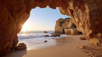 Serene Sunrise View Through Coastal Rock Arch Overlooking Golden Sandy Beach and Gentle Waves photo