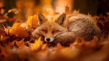Cozy Red Fox Sleeping Peacefully Among Colorful Autumn Leaves in a Serene Forest Setting photo