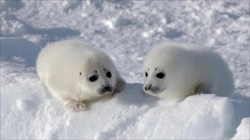 Adorable Baby Seals Playing on Snowy Ice Surface in Bright Winter Daylight Near Arctic Ocean Region photo
