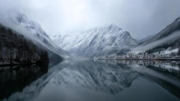 Serene Winter Landscape with Snow-Capped Mountains and Calm Lake Reflecting Majestic Peaks Under Cloudy Sky photo
