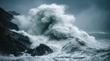 Majestic Stormy Ocean Waves Crashing Against Rugged Rocks During a Dark and Dramatic Weather Scene photo