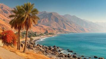 Scenic coastal view with palm trees, mountains, and clear blue water under a warm golden sky at sunrise photo