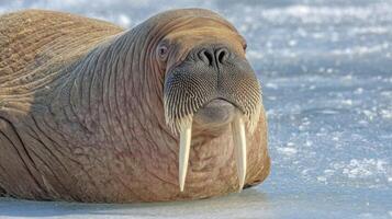 Close-Up of a Walrus Resting on Ice with Textured Skin and Prominent Tusks in Arctic Habitat photo