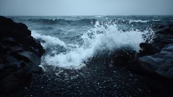 Dramatic Ocean Waves Crash Against Rocky Shoreline Under Gloomy Sky on Stormy Day Captured in Moody Seascape Photography photo
