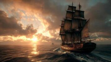 Majestic sailing ship navigating calm ocean waters at sunset with vivid skies and dramatic clouds photo