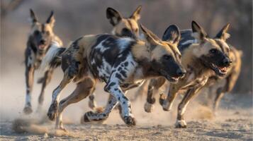 Wild dogs sprinting across the sandy terrain in a captivating display of speed and agility in a natural setting photo