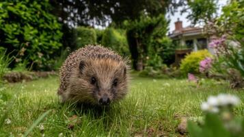 Hedgehog Exploring a Lush Garden Landscape with Vibrant Flowers and Green Grass Underneath a Bright Sky photo