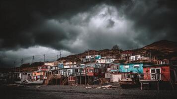dramático costero pueblo con vistoso casas debajo oscuro Tormentoso nubes conjunto en contra escabroso paisaje foto