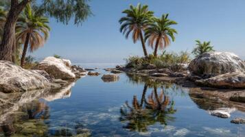 Tranquil Tropical Oasis by Calm Water with Palm Trees and Scenic Reflections Under Clear Blue Sky photo