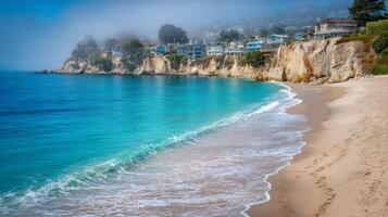 Serene Coastal Landscape with Crystal Clear Water and Misty Cliffs Along a Tranquil Beach at Dawn photo