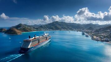 Aerial View of a Luxurious Cruise Ship Sailing Through Clear Blue Waters Surrounded by Mountains and Island Landscape photo