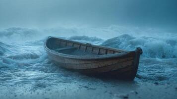 Abandoned Wooden Boat Stranded on Stormy Beach Surrounded by Crashing Waves Under a Moody Blue Atmosphere photo
