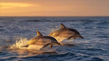 Two Dolphins Jumping Gracefully Through Ocean Waves at Sunset with Glimmering Water Splashes and Golden Skies in Background photo