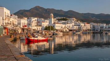 Tranquil Morning Scene at a Picturesque Harbor with Colorful Boats and Reflections in Still Water Surrounded by White Buildings photo
