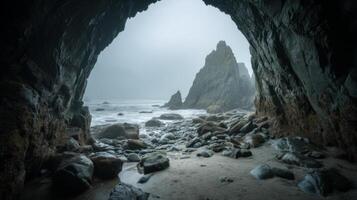 Serene Coastal Cave View with Rocky Cliffs and Misty Ocean in Foggy Weather photo