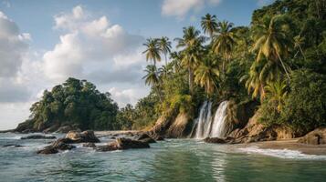 Serene Tropical Landscape with Waterfall Surrounded by Lush Palm Trees and Tranquil Ocean Waves in Sunny Weather photo