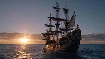 Majestic ship sailing across the ocean during sunset with vibrant sky and calm waters in the background, creating a tranquil scene photo