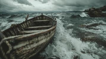 Dramatic Scene of Abandoned Wooden Boat on Waves Under Overcast Sky by Rocky Coastline photo