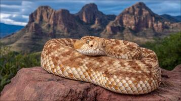 Close-Up of a Coiled Snake on a Rock with Mountains in the Background under Dramatic Sky photo