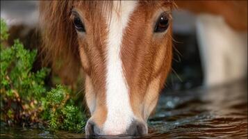 Close-Up of a Brown Horse Drinking Water from a Stream Surrounded by Greenery, Capturing Wildlife's Tranquil Moment photo