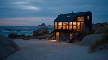 Modern Beach House at Dusk with Soft Lighting Overlooking Calm Ocean Waves and Rocky Shoreline in Tranquil Seaside Setting photo