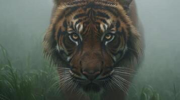 Majestic Tiger Staring Intently Amidst Misty Forest Grass in Captivating Natural Landscape photo