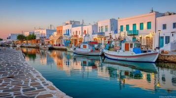 Serene waterfront scene with colorful boats and charming white buildings reflecting in calm waters at sunset in Greece photo