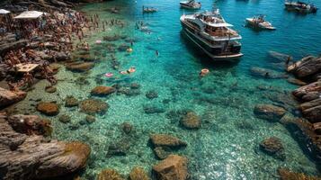 Scenic Beach Scene with Clear Water, Rocky Shore, and Boats Surrounded by Sunbathers Enjoying a Perfect Summer Day photo