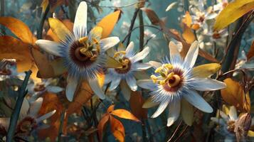 Exquisite Passionflower Blooms Surrounded by Vibrant Greenery and Lush Autumn Leaves Illuminated by Soft Natural Light photo