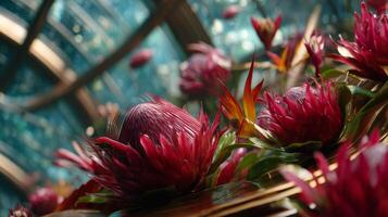 Vibrant Red Blossoms Surrounded by Lush Green Leaves in a Futuristic Botanical Oasis with a Mystical Atmosphere photo