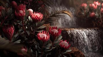 Lush Floral Arrangement with Pink Protea Flowers and Cascading Waterfall in Serene Natural Setting photo
