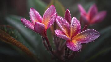 vibrante rosado flores adornado con agua gotas exhibiendo delicado pétalos y lozano verde hojas en un natural ajuste foto