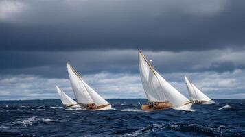 Elegant sailboats gliding gracefully on a tranquil sea under a dramatic cloudy sky with hints of sunlight breaking through photo