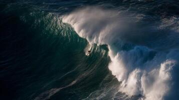 Dynamic Surfer Embracing Thrilling Waves Beneath a Majestic Ocean Spray in Dramatic Coastal Landscape photo