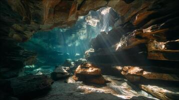 Sunlight Streaming Through Underwater Cave with Rocks and Clear Water in Serene Natural Environment photo