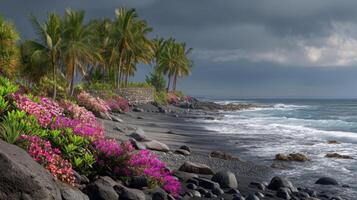 Serene Tropical Seascape with Vibrant Flowers and Lush Palm Trees Along the Rocky Shore Under a Dramatic Cloudy Sky photo