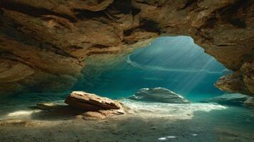 Sunlight Streaming Through Rocky Cave Entrance Illuminating Serene Underwater Scene in Calm Waters photo