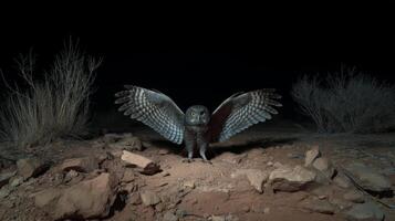 Majestic owl spreads wings in dark night, showcasing intricate feather patterns and piercing gaze in natural desert habitat photo