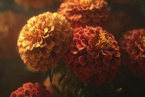Vibrant Marigold Flowers Captured in Soft Focus, Showcasing Rich Colors of Orange and Red in Natural Setting photo