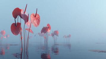 Serene Scene of Red Heart-Shaped Leaves Emerging from Calm Water in a Misty Morning Landscape photo