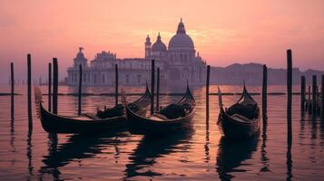 Serene Sunset Over Venetian Gondolas with Majestic Basilica in Background and Calm Waters Reflecting Soft Hues photo