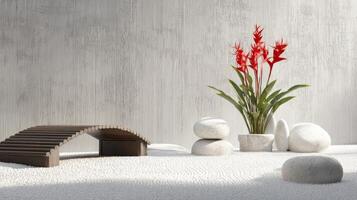 Serene Zen Garden with Red Flowers and Smooth Stones in Minimalist Setting for Calm and Relaxation Purposes photo