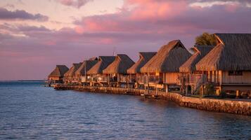 Serene Overwater Bungalows at Sunset by Calm Lagoon with Beautiful Clouds in Tropical Paradise Landscape photo