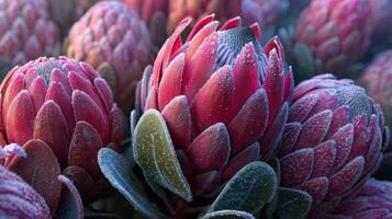 Stunning Close-Up of Frost-Covered Protea Flowers in Vibrant Pink and Green Hue Set Against a Soft Background photo